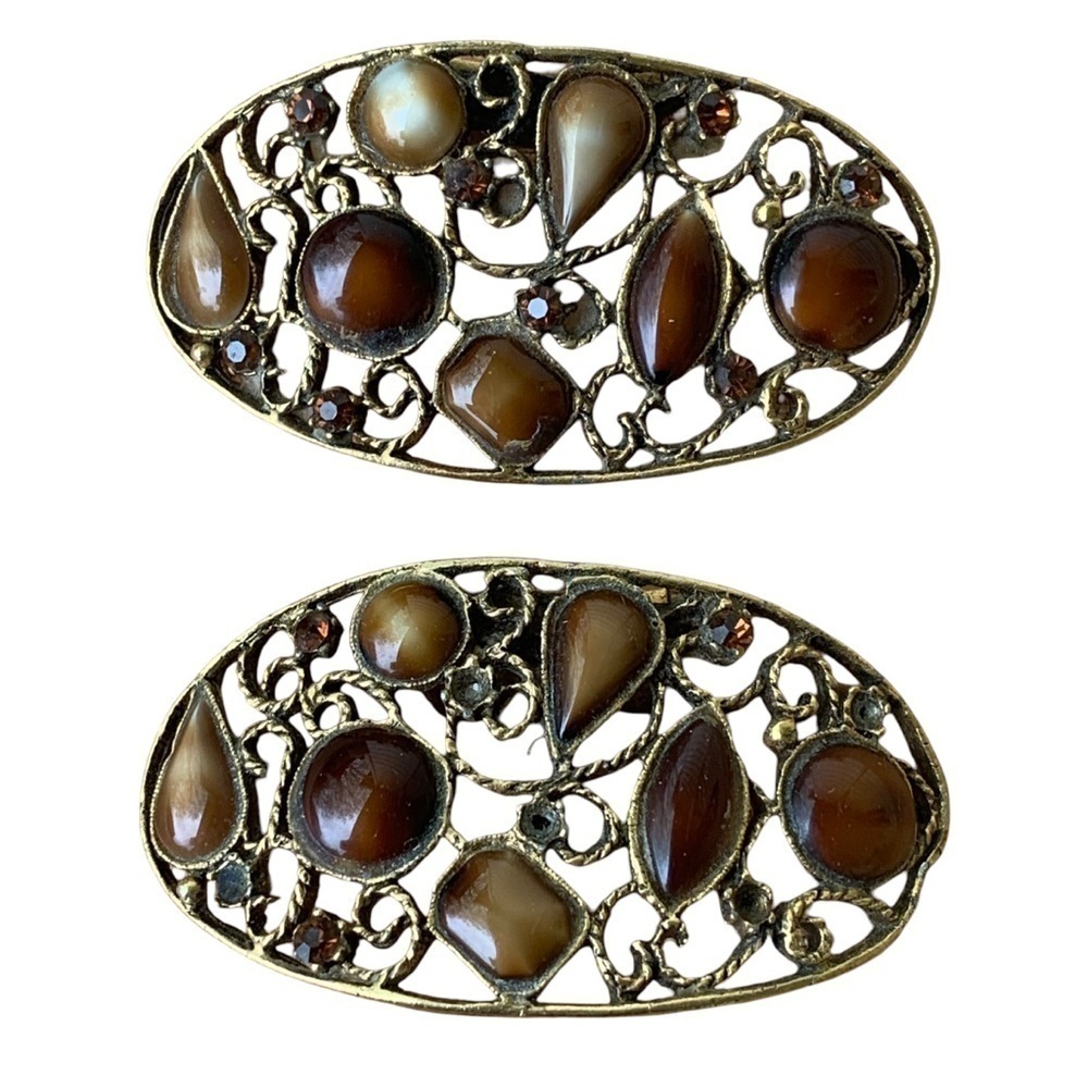 Vintage Signed Musi Shoe Clips Brown Rhinestones Goldtone Mid Century Glam